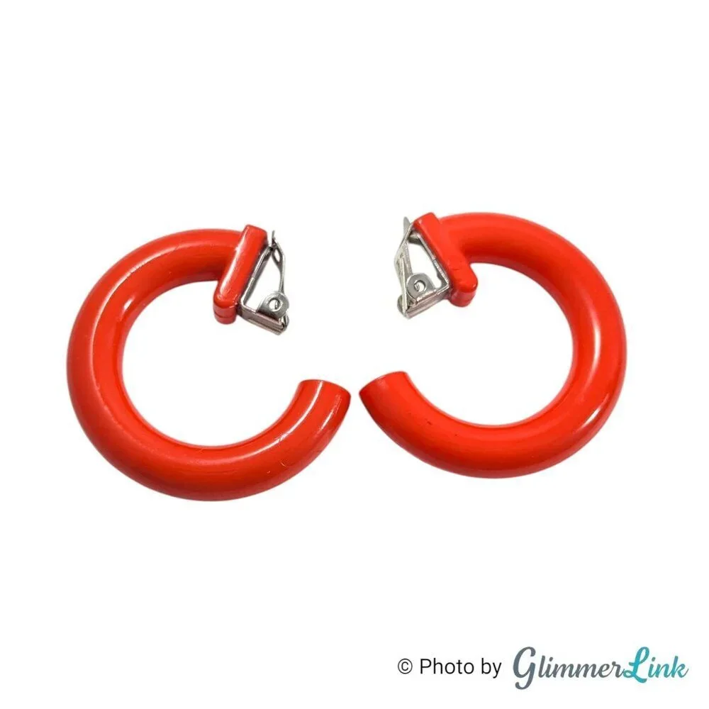Vintage Orange Red Plastic Hoop Clip On Earrings